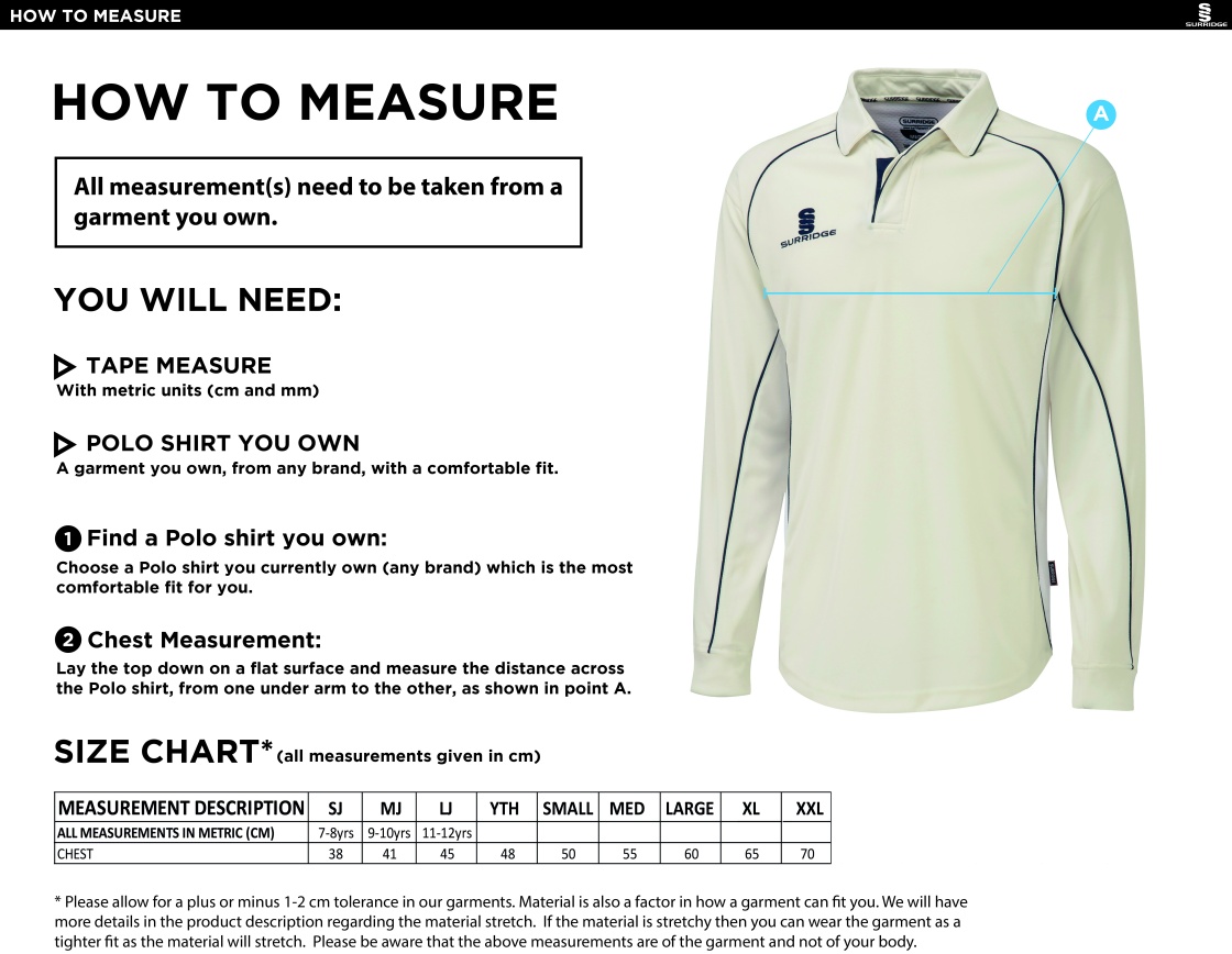 Brill CC - Premier Long Sleeve Playing Shirt - Size Guide