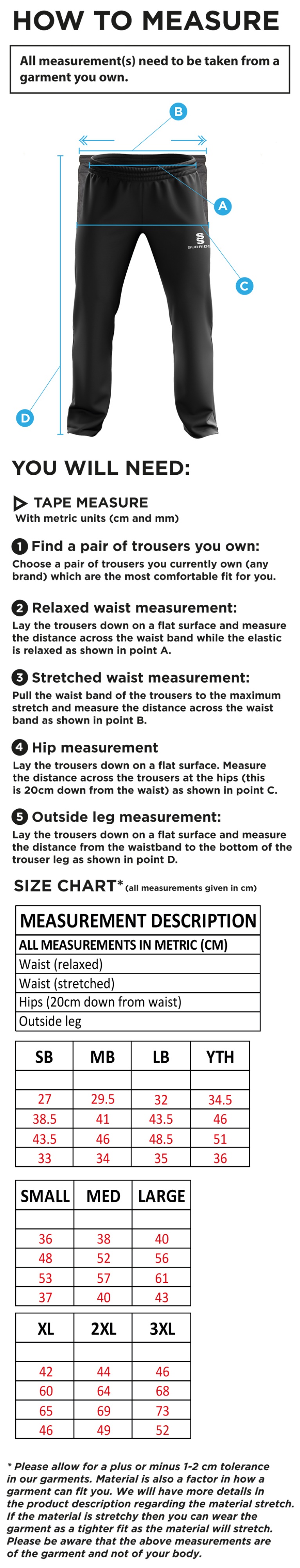 Brill CC - Rip Stop Track Pant - Size Guide