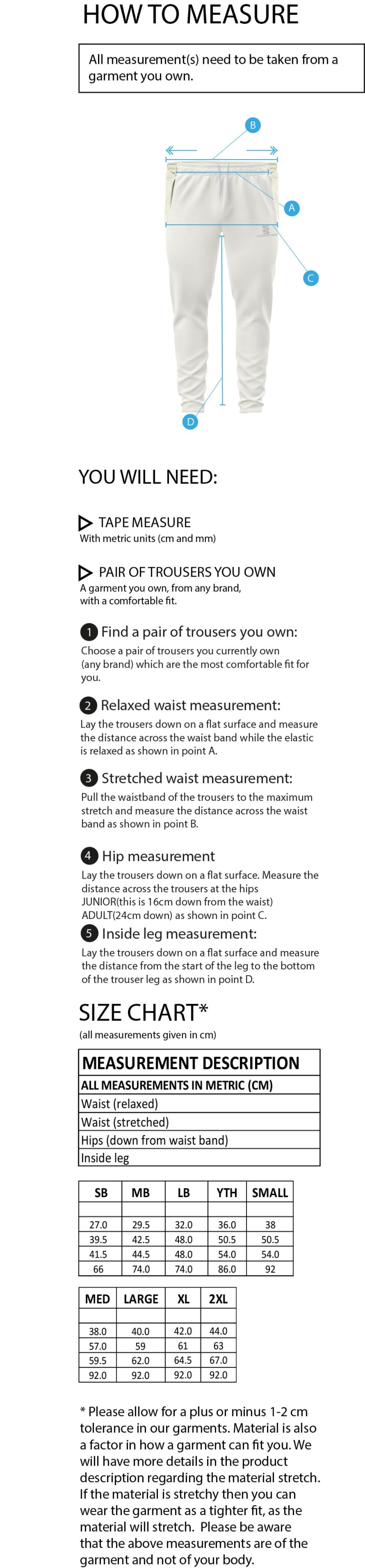Brill CC - Coloured Cricket Trousers - Size Guide