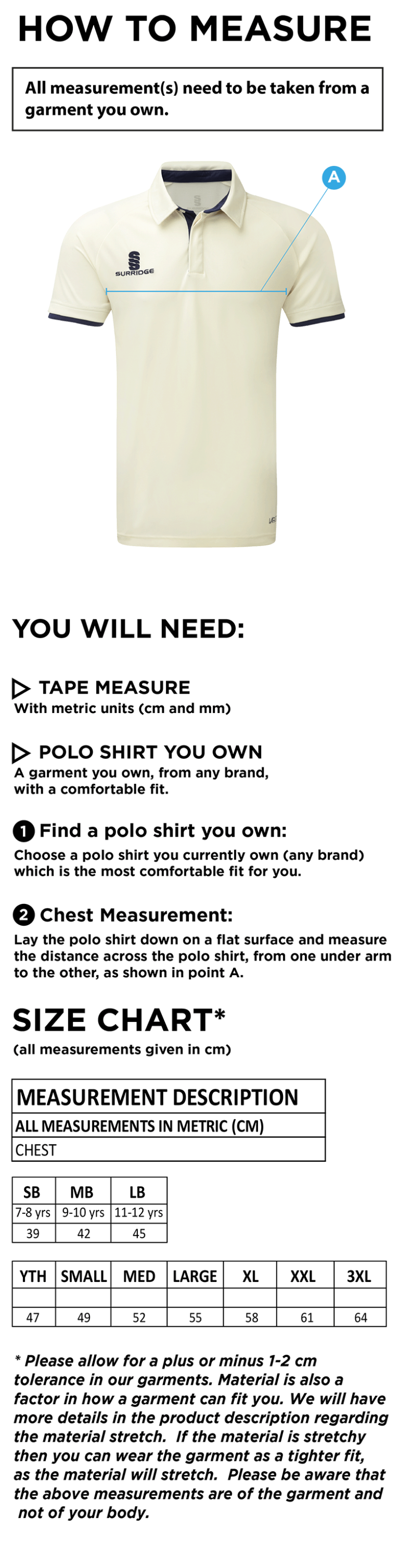 Brill CC - Ergo Short Sleeve Playing Shirt - Size Guide