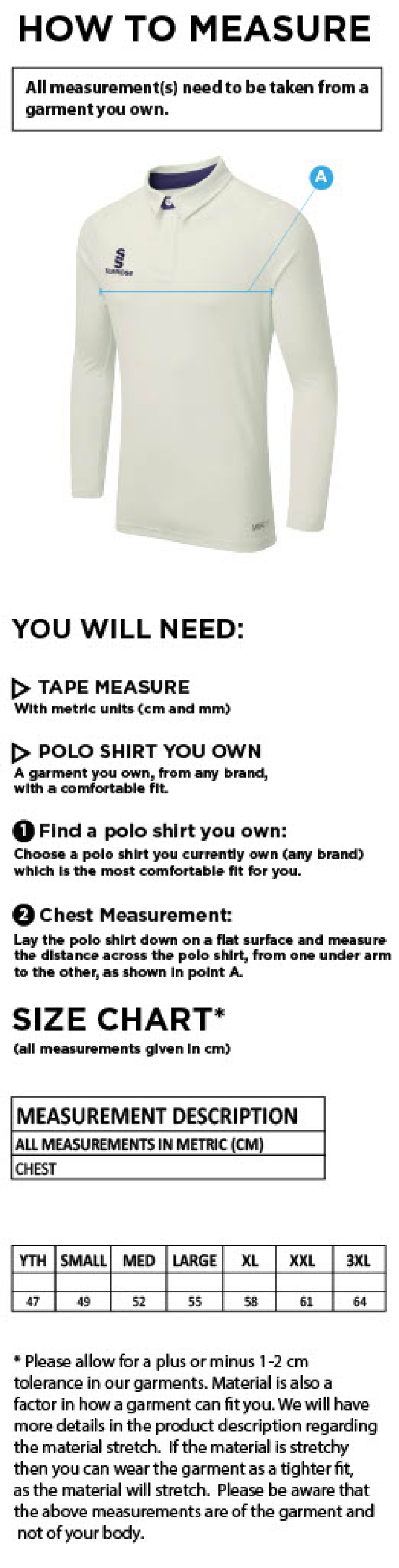 Brill CC - Ergo Long Sleeve Playing Shirt - Size Guide
