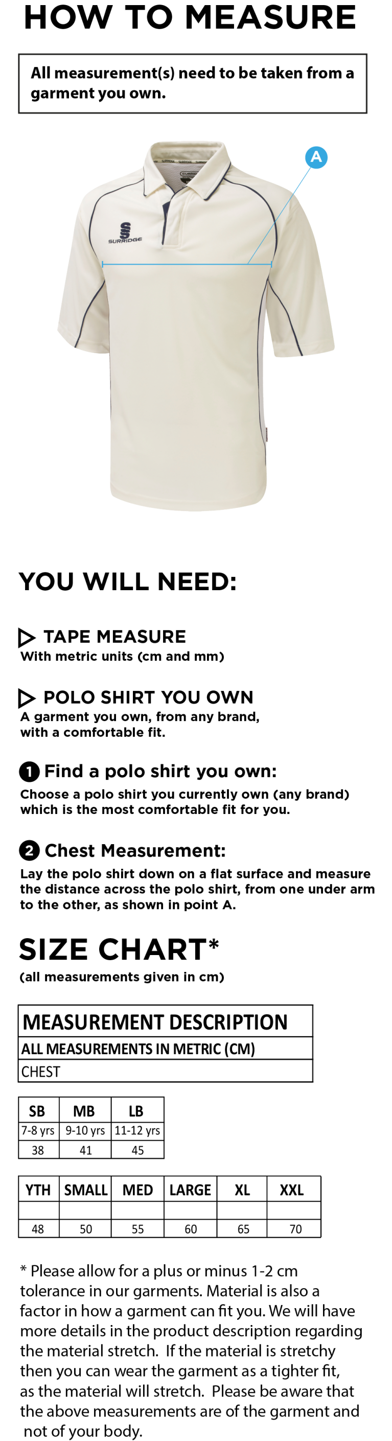 Brill CC - Premier 3/4 Sleeve Playing Shirt - Size Guide