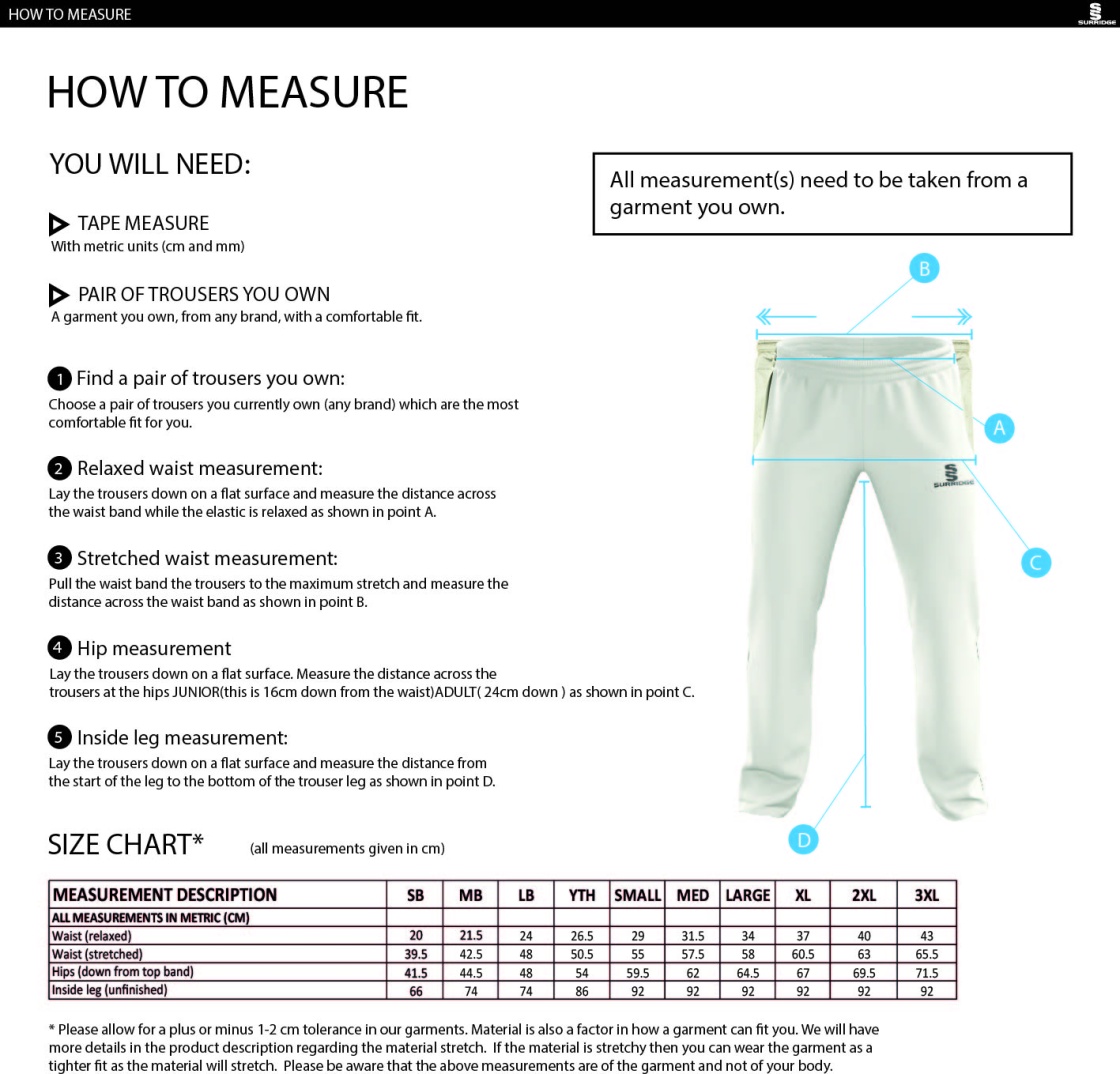 Brill CC - Standard Fit Cricket Trousers - Size Guide