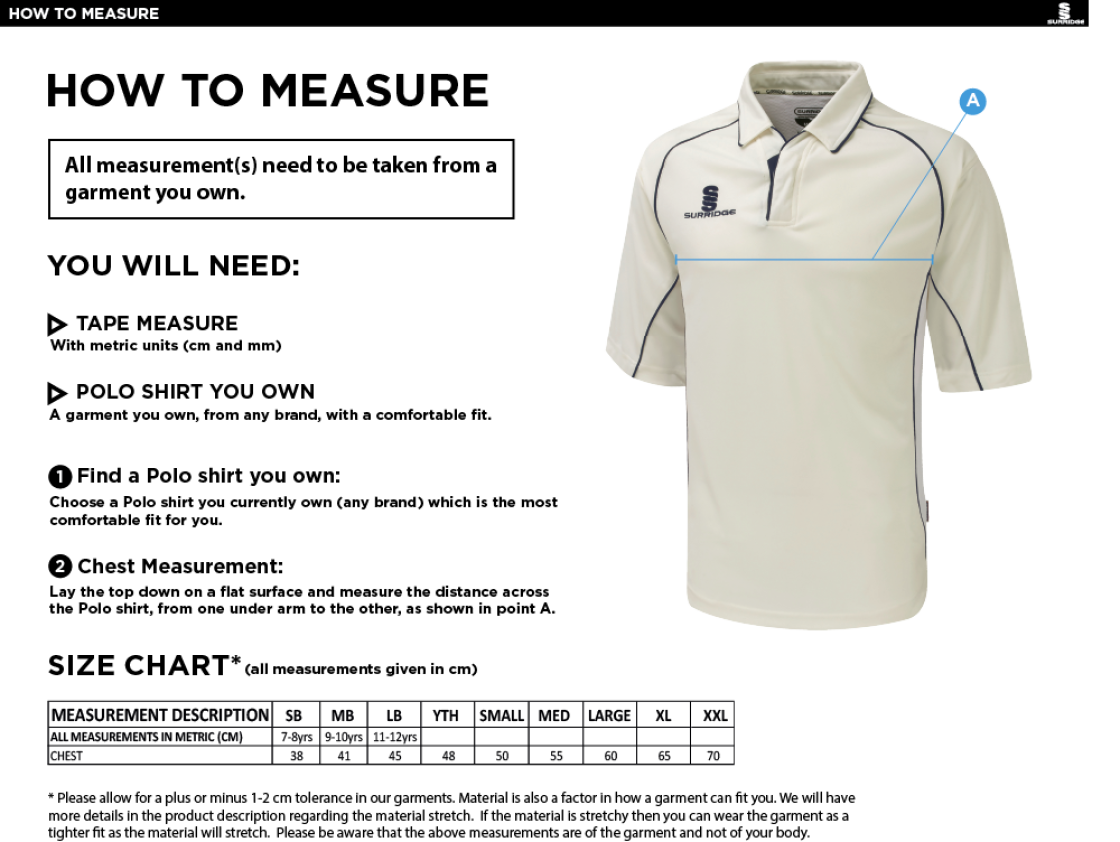 Brill CC - Premier 3/4 Sleeve Playing Shirt - Size Guide
