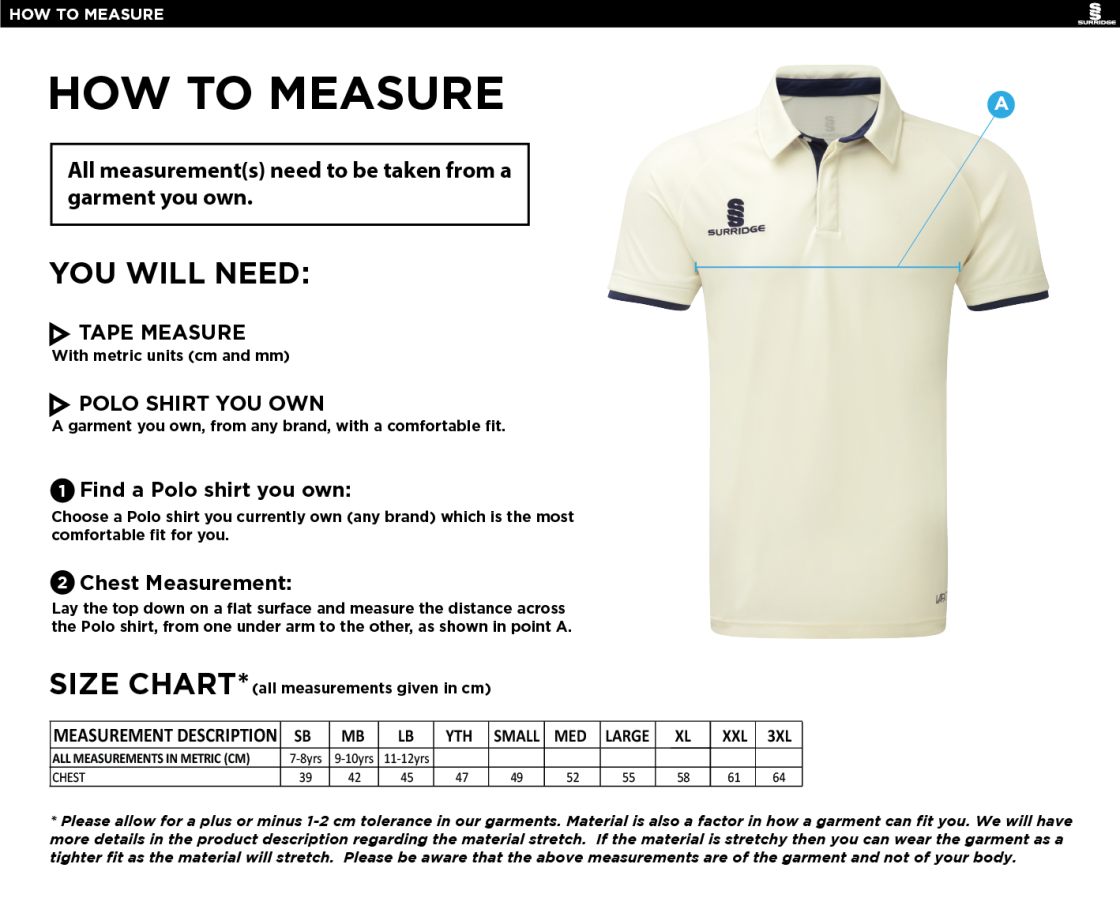 Brill CC - Ergo Short Sleeve Playing Shirt - Size Guide