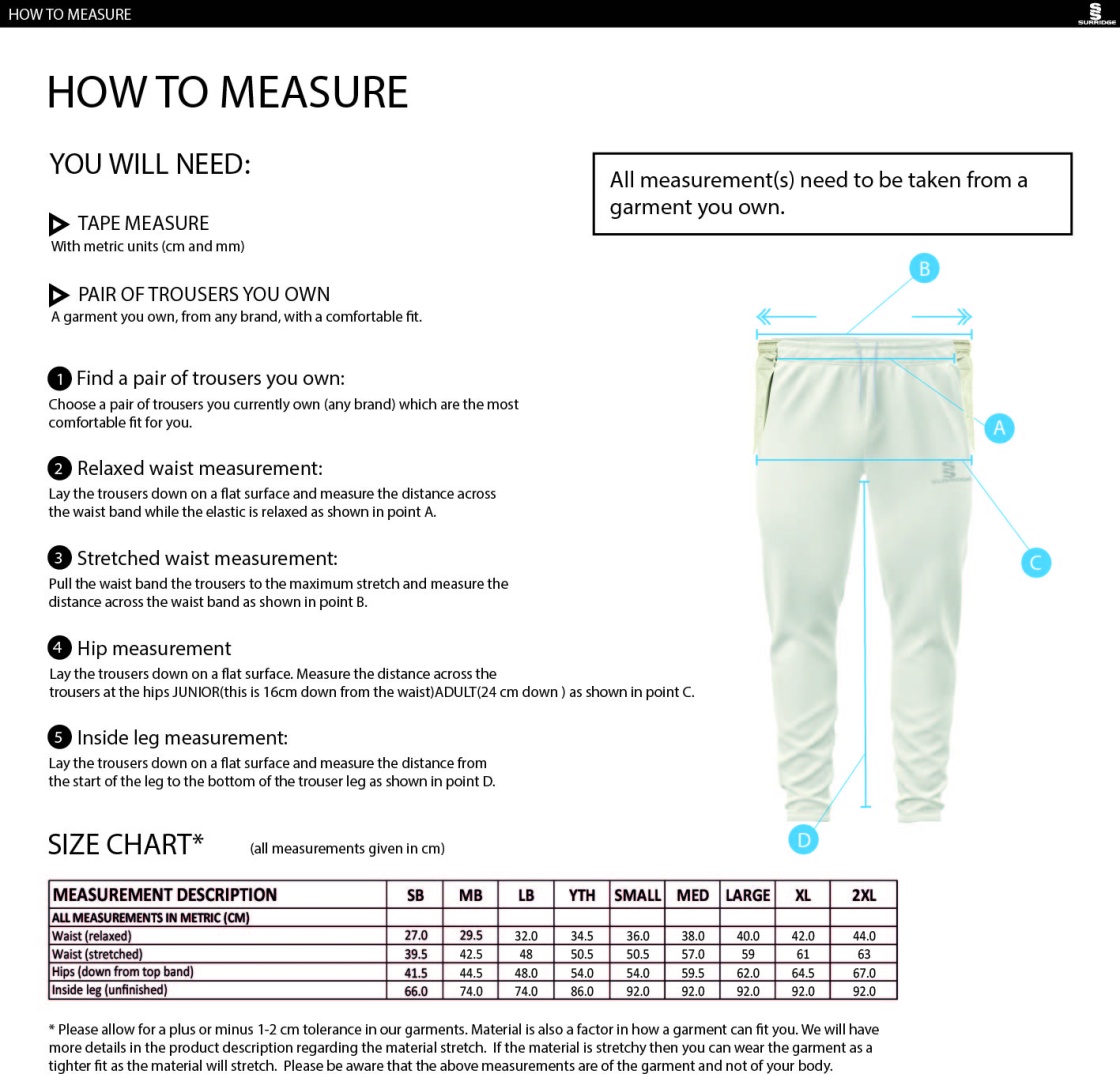 Brill CC - Coloured Cricket Trousers - Size Guide
