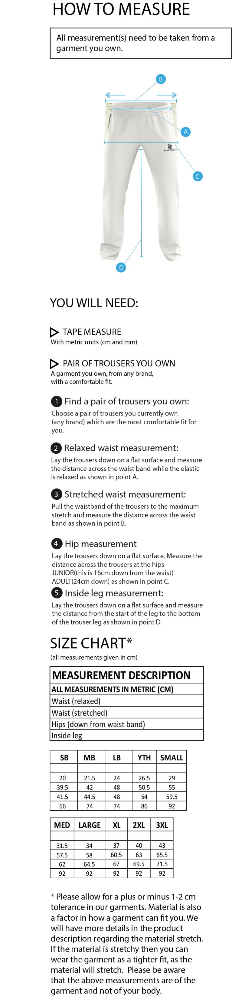 Brill CC - Standard Fit Cricket Trousers - Size Guide