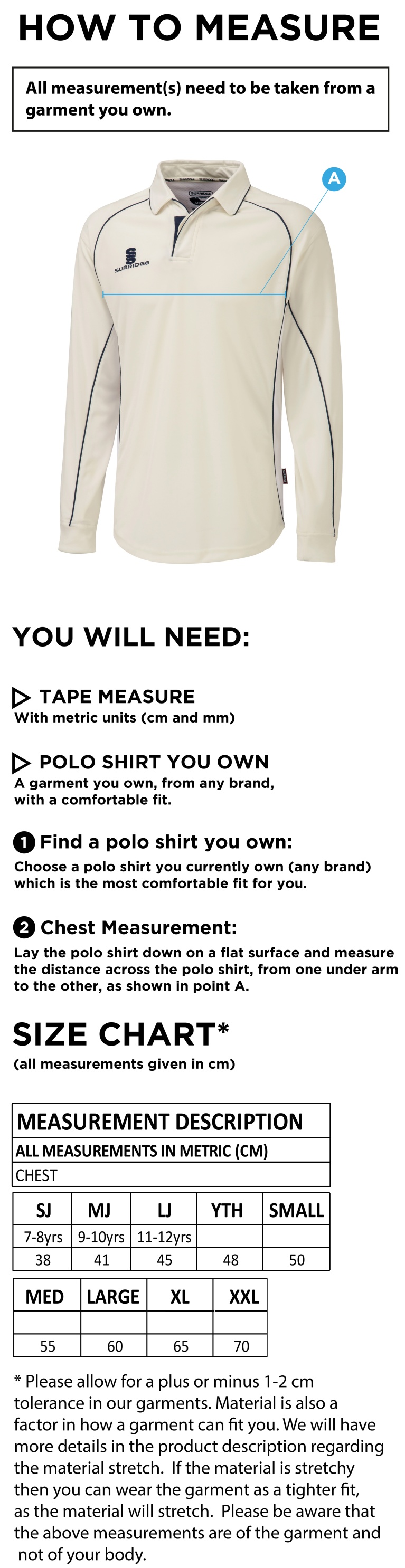 Brill CC - Premier Long Sleeve Playing Shirt - Size Guide