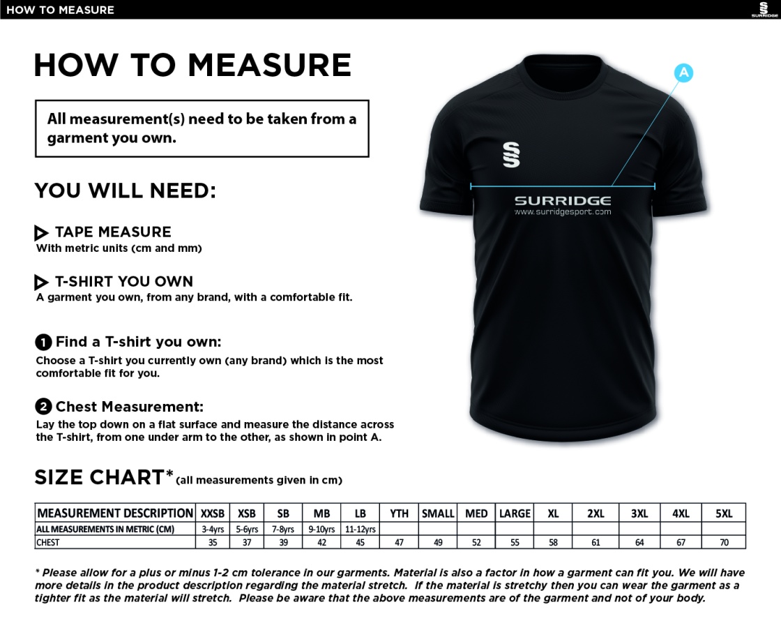 Brill CC - Blade Training Shirt - Size Guide
