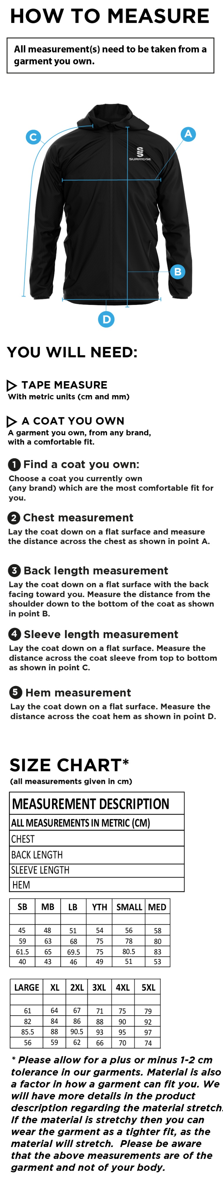 Brill CC - Dual Full Zip Training Jacket - Size Guide