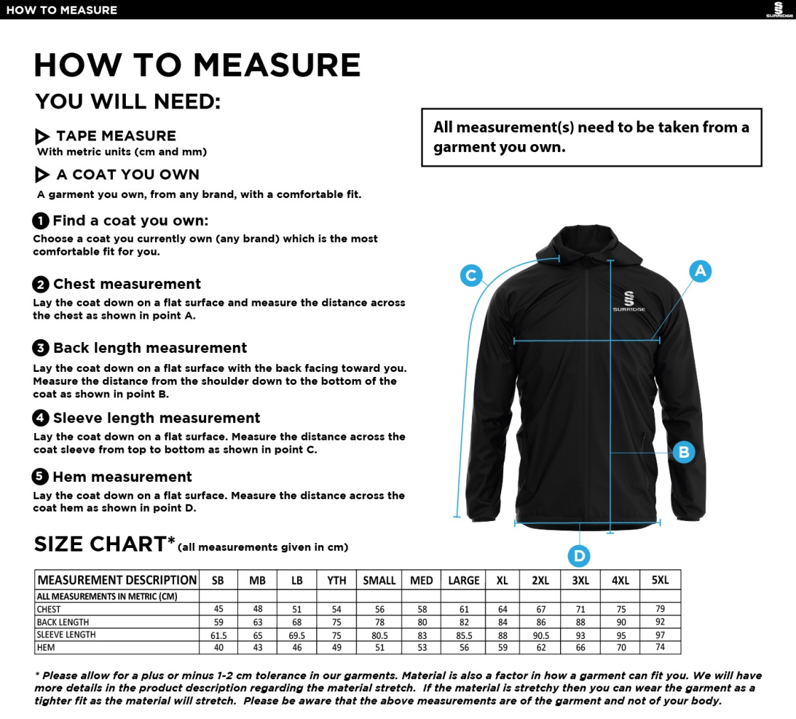 Brill CC - Dual Full Zip Training Jacket - Size Guide