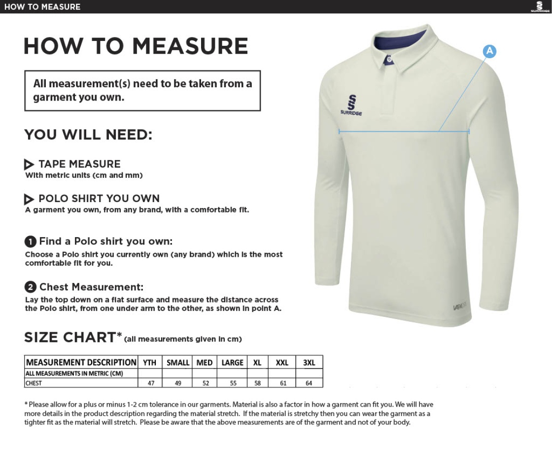 Brill CC - Ergo Long Sleeve Playing Shirt - Size Guide