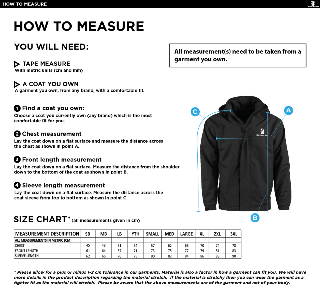 Brill CC - Dual Fleece Lined Jacket - Size Guide