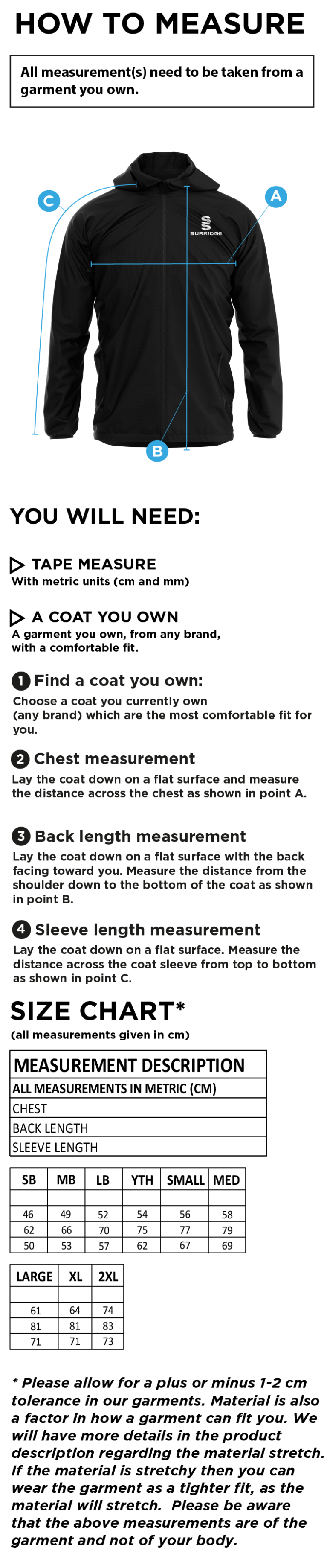 Dual Elite 1/4 Zip Hoody / Rain Jacket - Size Guide