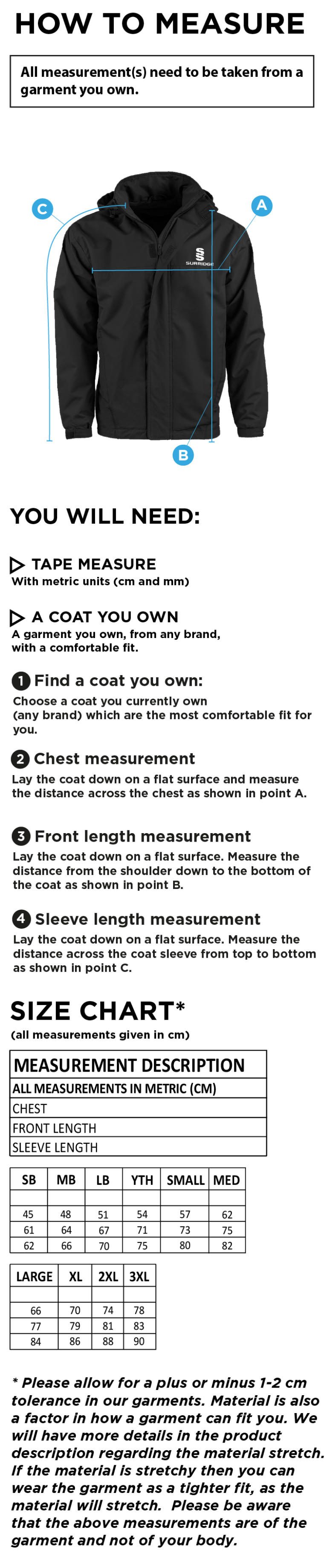 Brill CC - Dual Fleece Lined Jacket - Size Guide